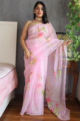 Exclusive Hand-Painted Organza Saree Collection with Golden Print