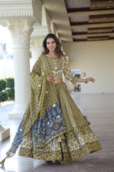 Elegant Mustard & Blue Bagru Block Print Cotton Lehenga with Blouse and Dupatta