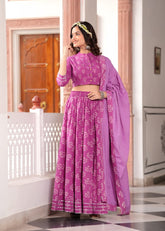 Purple Bagru Hand Block Printed Full Flair Long Skirt With Top & Mulmul Dupatta