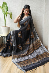 Linen Saree | Pure Hand Block Printed with Blouse Piece