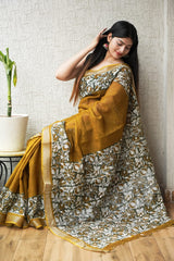 Linen Saree | Hand Block Printed with Blouse