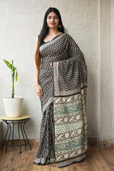 Hand Block Bagru Print Pure Cotton Saree | Natural Dye
