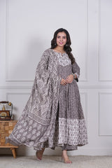 Hand Block Cotton Anarkali Suit With Mulmul Dupatta