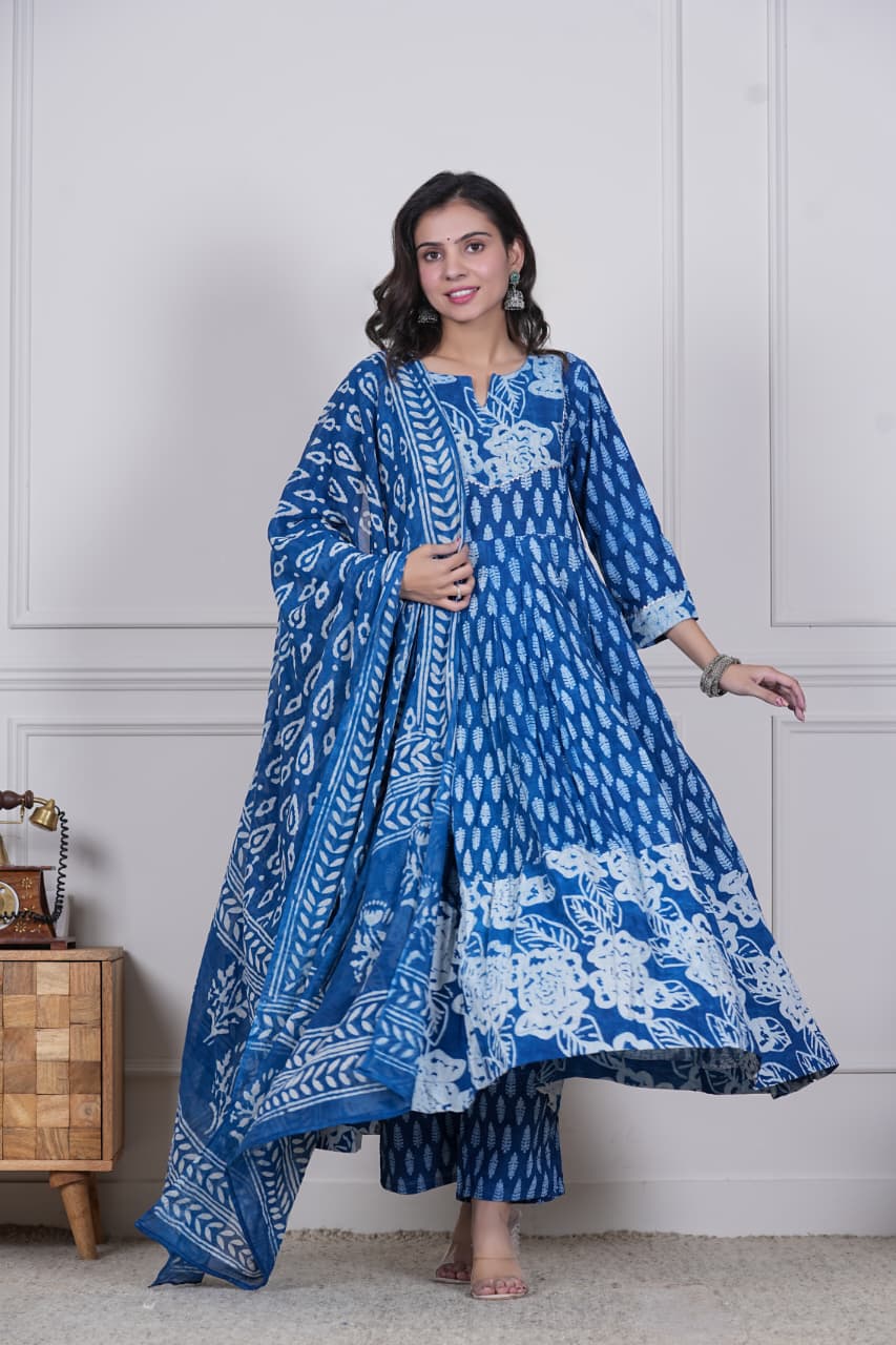 Hand Block Cotton Anarkali Suit With Mulmul Dupatta