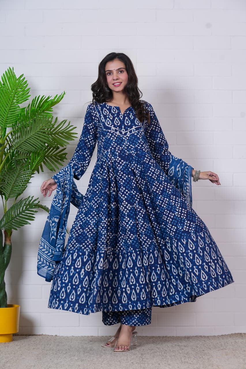 Hand Block Cotton Anarkali Suit With Mulmul Dupatta