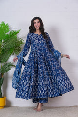 Hand Block Cotton Anarkali Suit With Mulmul Dupatta