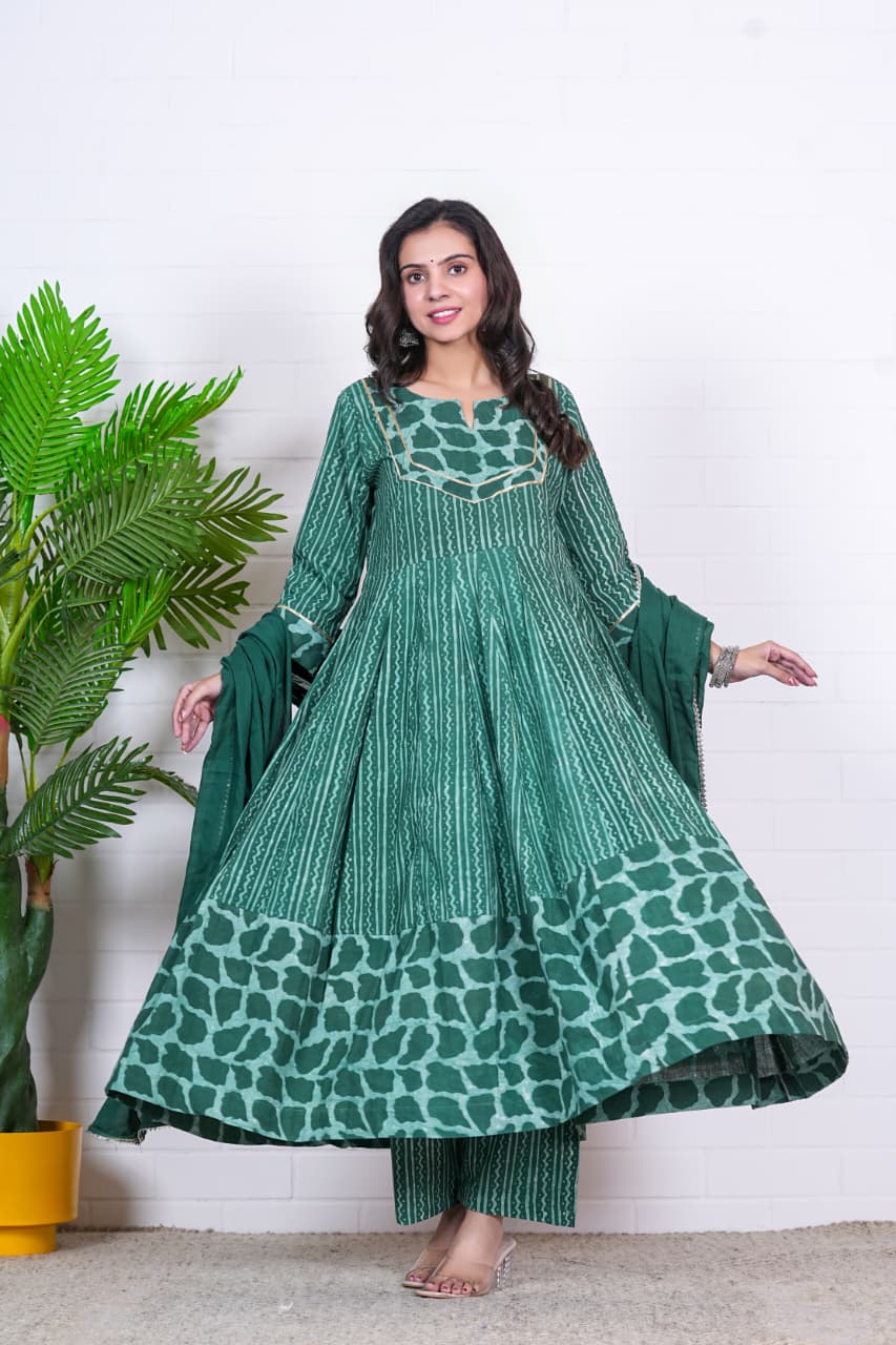 Hand Block Cotton Anarkali Suit With Mulmul Dupatta