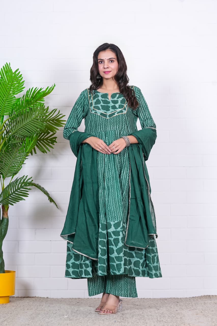 Hand Block Cotton Anarkali Suit With Mulmul Dupatta