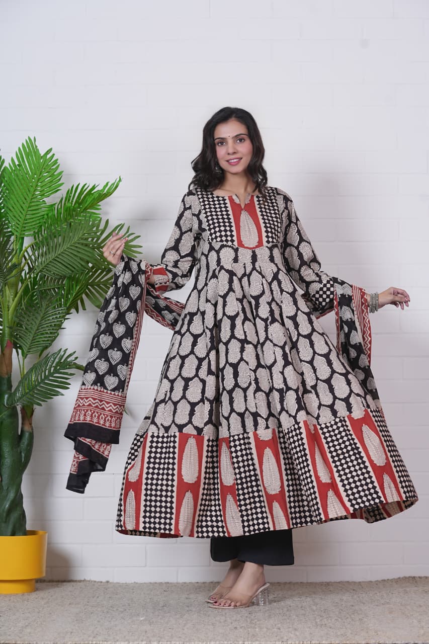 Hand Block Cotton Anarkali Suit With Mulmul Dupatta