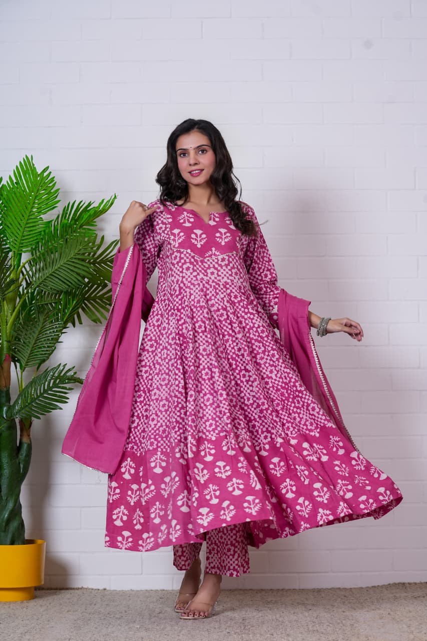 Hand Block Cotton Anarkali Suit With Mulmul Dupatta
