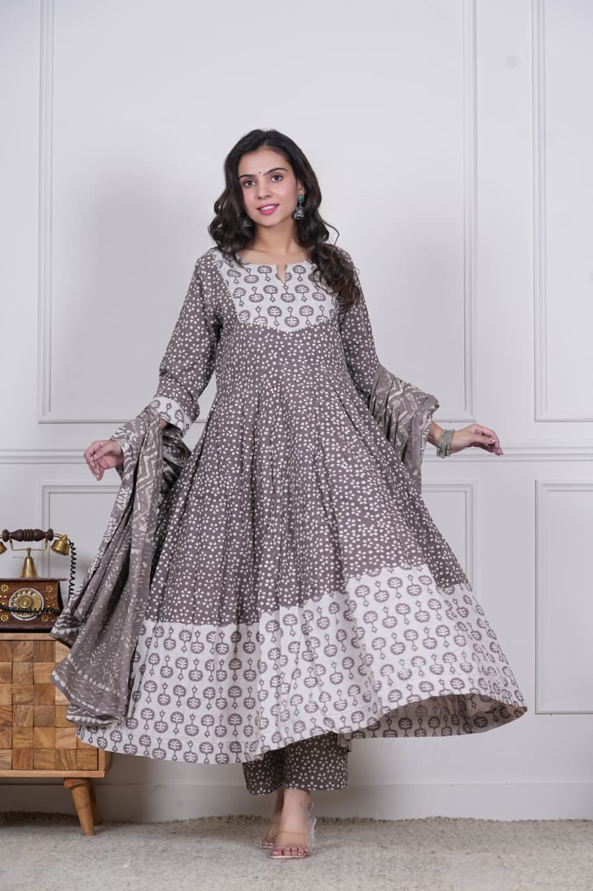 Hand Block Cotton Anarkali Suit With Mulmul Dupatta