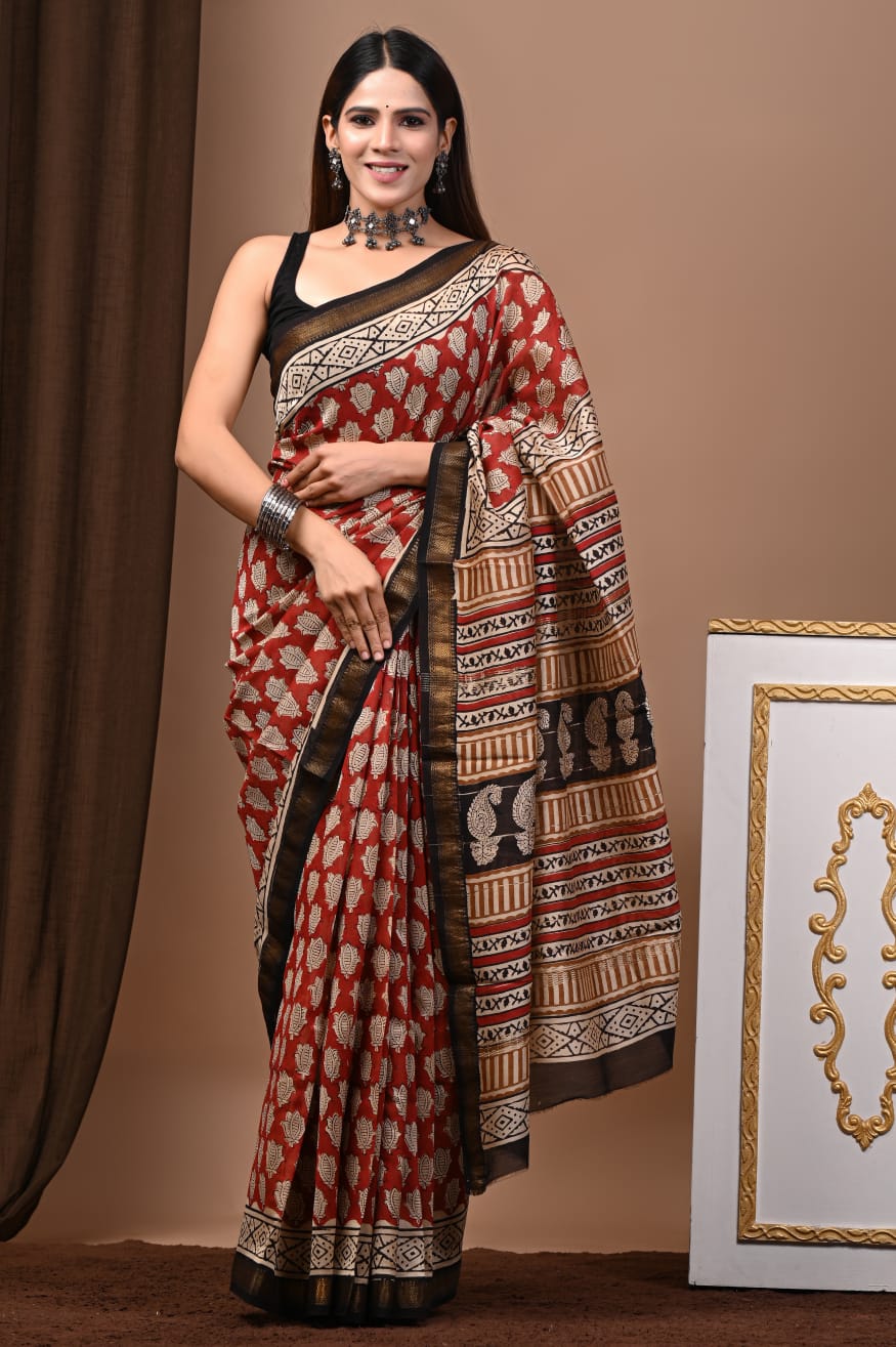 Exclusive Hand Block Printed Maheshwari Silk Saree with Blouse