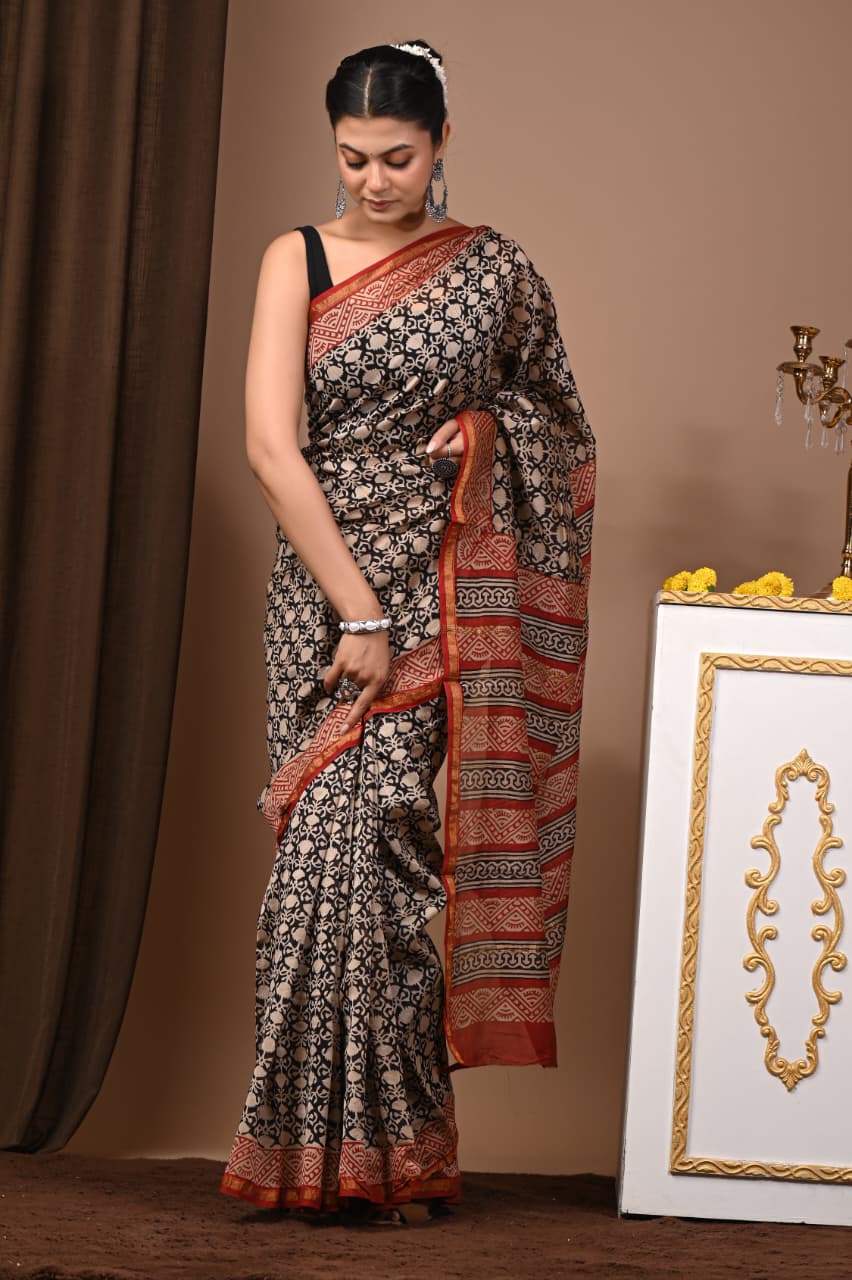 Elegant Handcrafted Chanderi Silk Saree – Indigo Tie-Dye with Golden Border