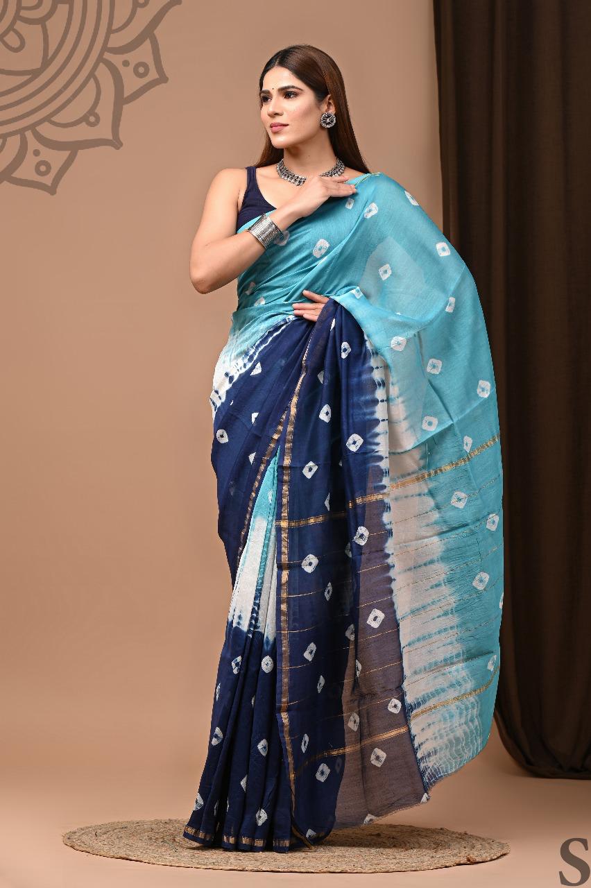 Elegant Handcrafted Chanderi Silk Saree – Indigo Tie-Dye with Golden Border