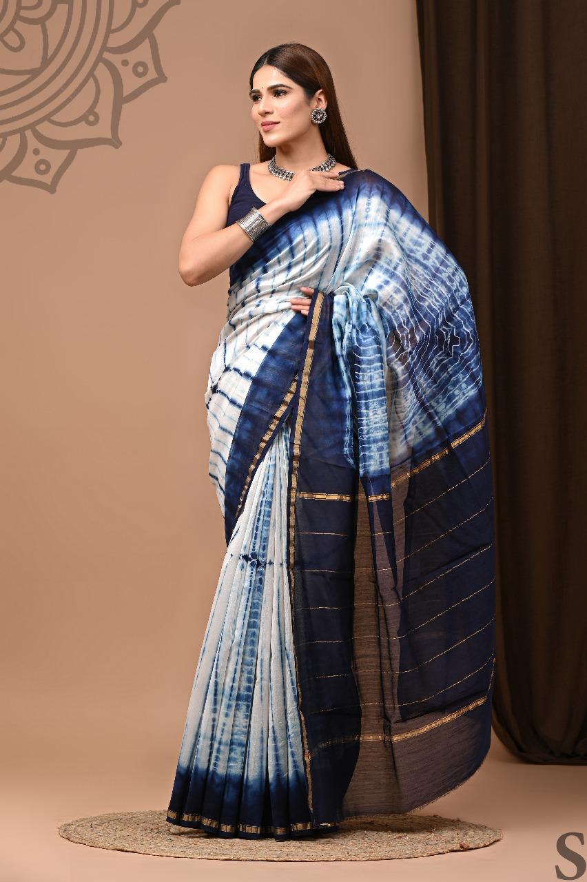 Elegant Handcrafted Chanderi Silk Saree – Indigo Tie-Dye with Golden Border