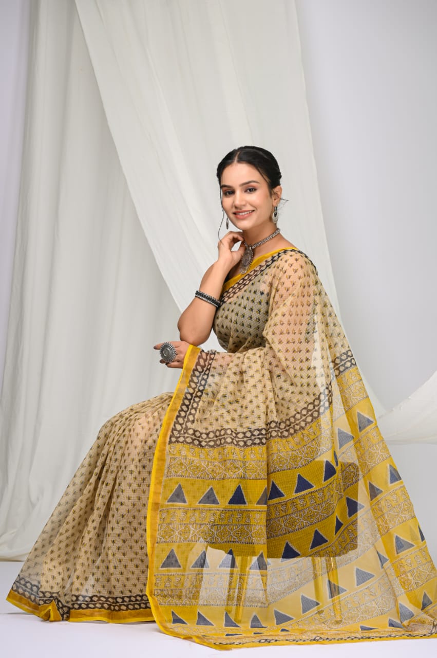 Block Printed Cotton Kota Doriya Saree – Exclusive Summer Collection