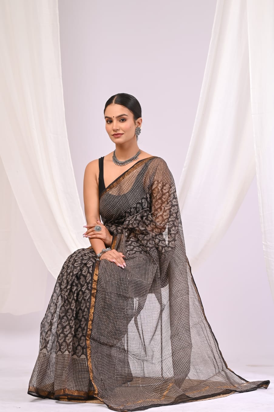 Block Printed Cotton Kota Doriya Saree – Exclusive Summer Collection