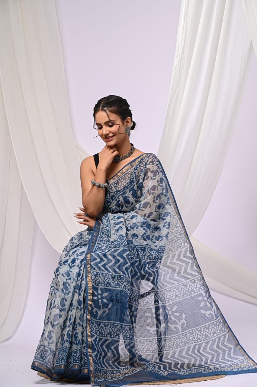 Block Printed Cotton Kota Doriya Saree – Exclusive Summer Collection