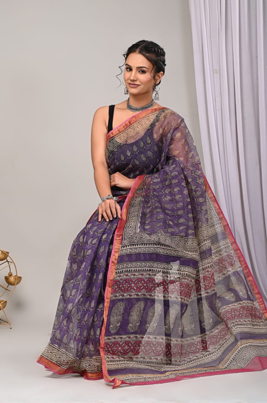 Block Printed Cotton Kota Doriya Saree – Exclusive Summer Collection