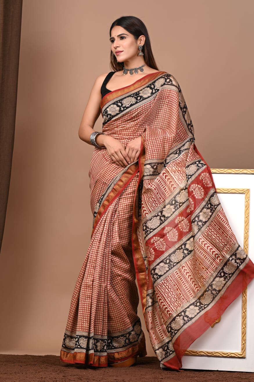 Exclusive Hand Block Printed Maheshwari Silk Saree with Blouse
