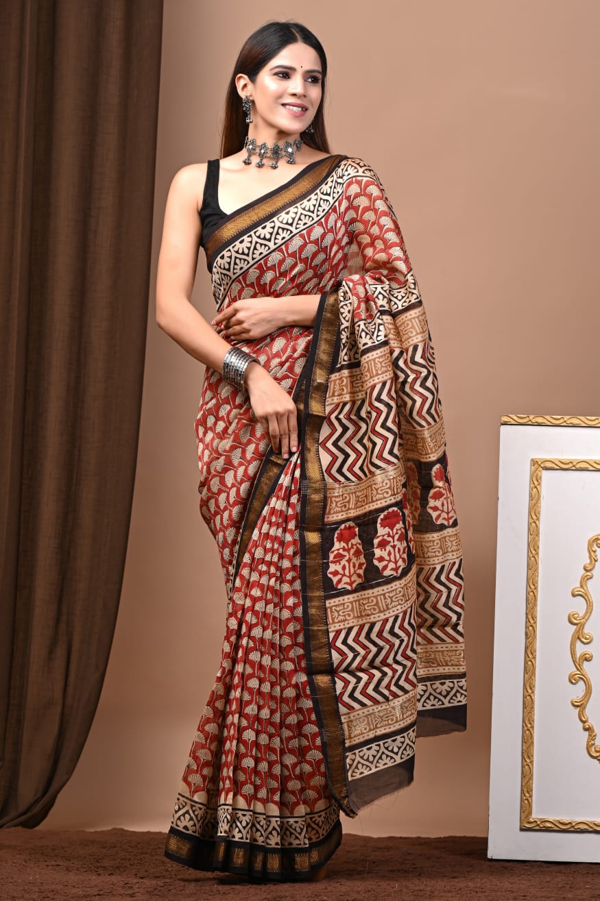 Exclusive Hand Block Printed Maheshwari Silk Saree with Blouse
