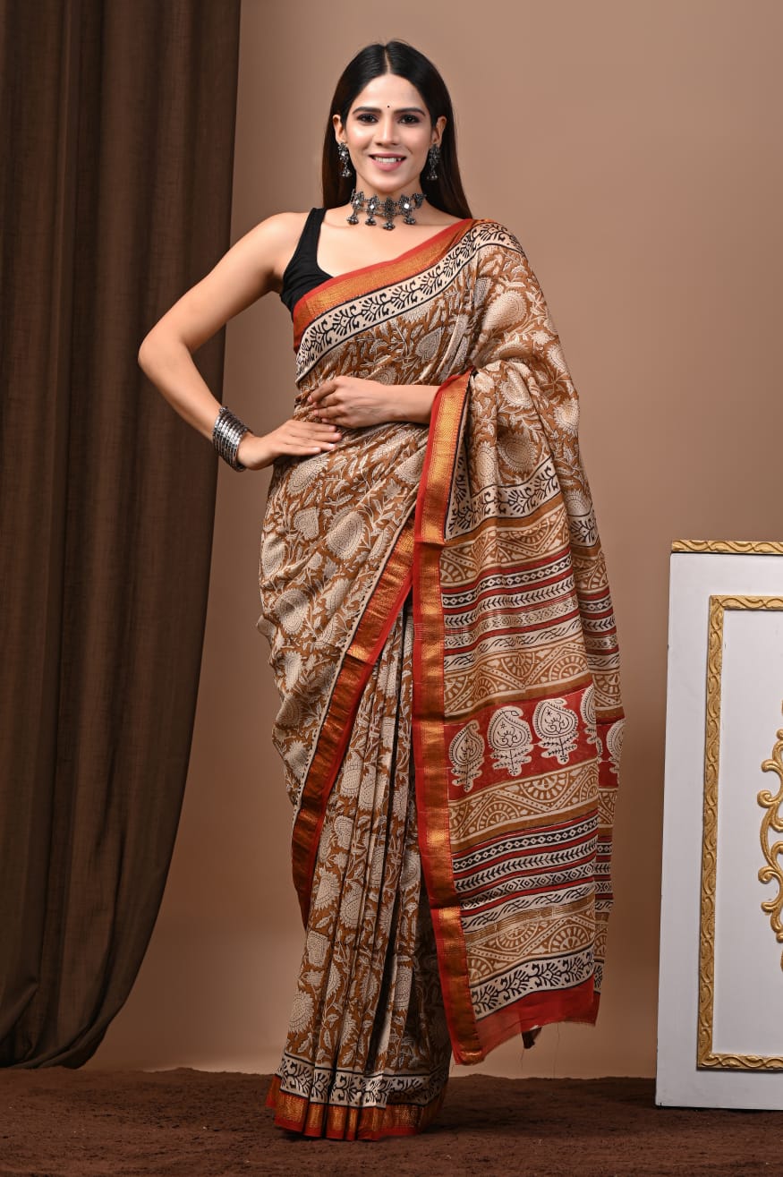 Exclusive Hand Block Printed Maheshwari Silk Saree with Blouse
