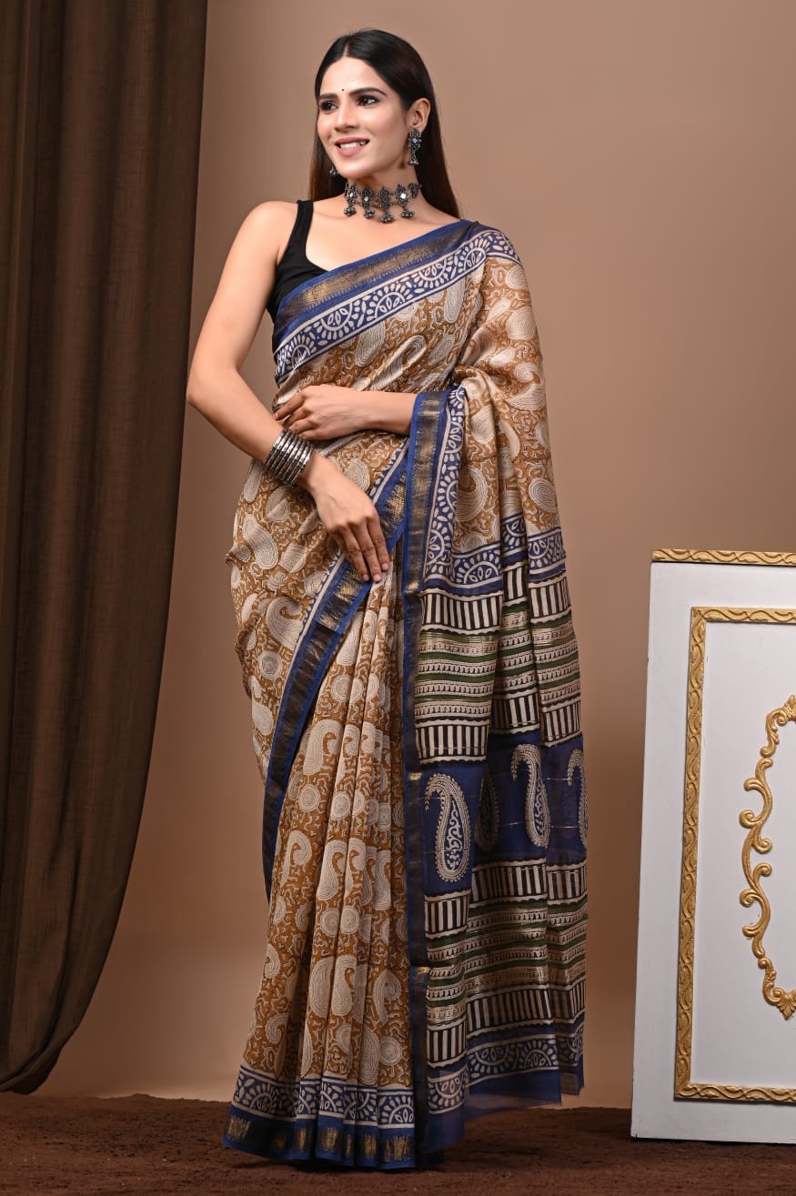 Exclusive Hand Block Printed Maheshwari Silk Saree with Blouse