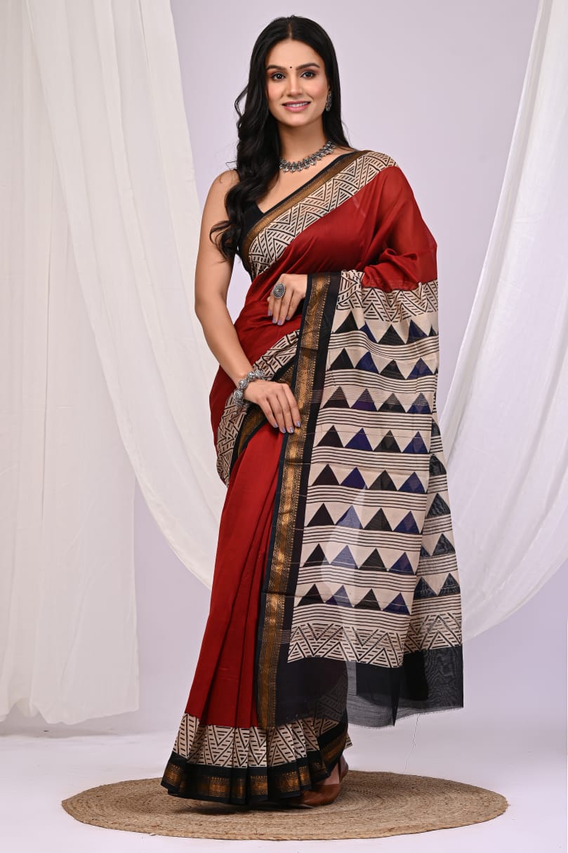 New Arrival – Hand Block Printed Maheshwari Silk Saree with Blouse