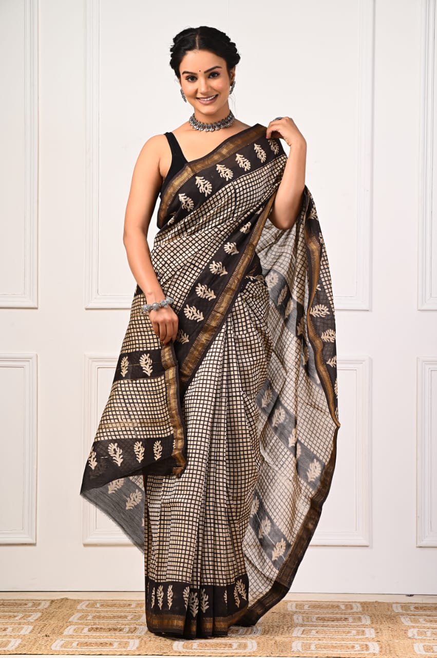 New Arrival – Hand Block Printed Maheshwari Silk Saree with Blouse