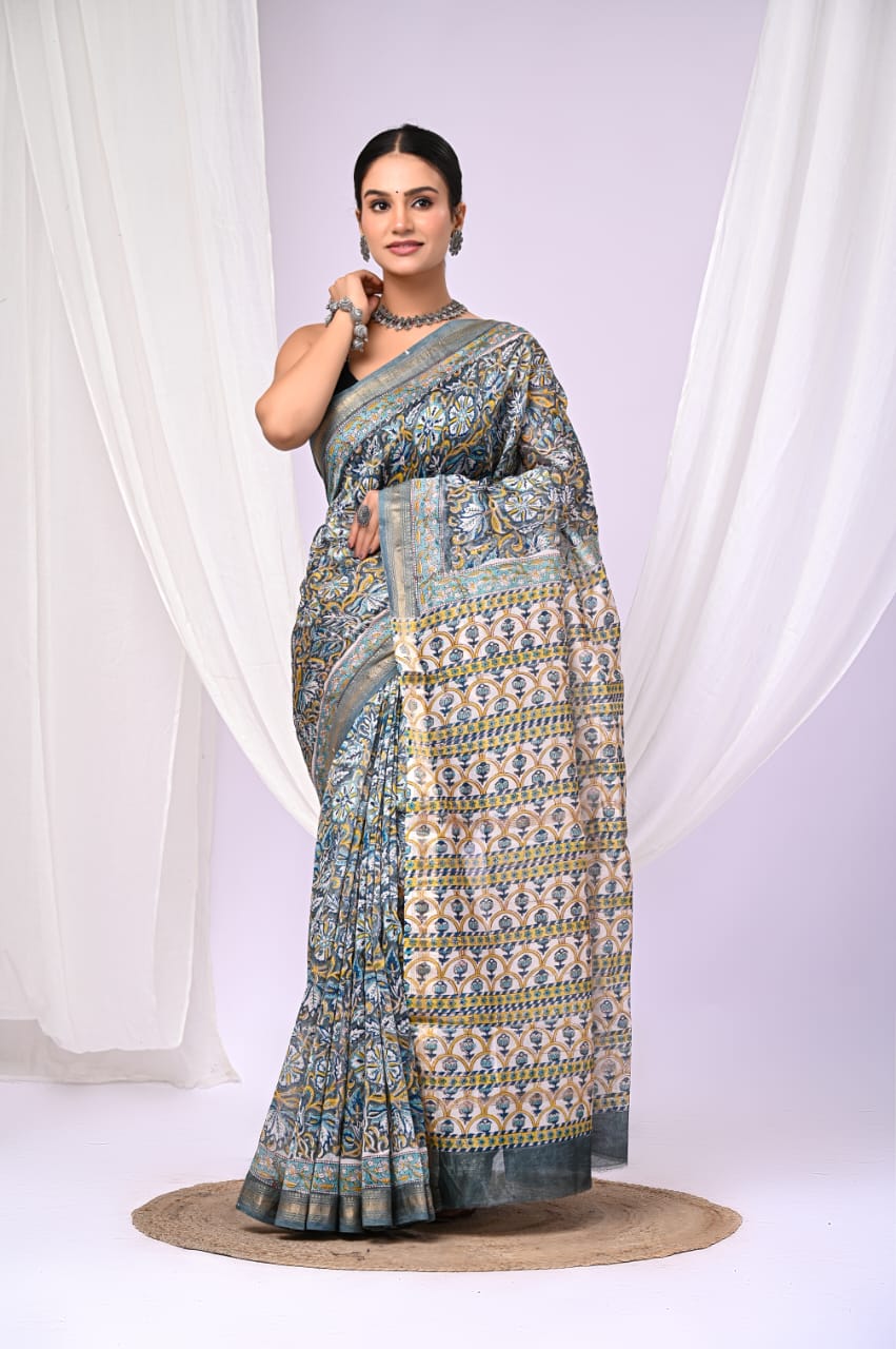 New Arrival – Hand Block Printed Maheshwari Silk Saree with Blouse