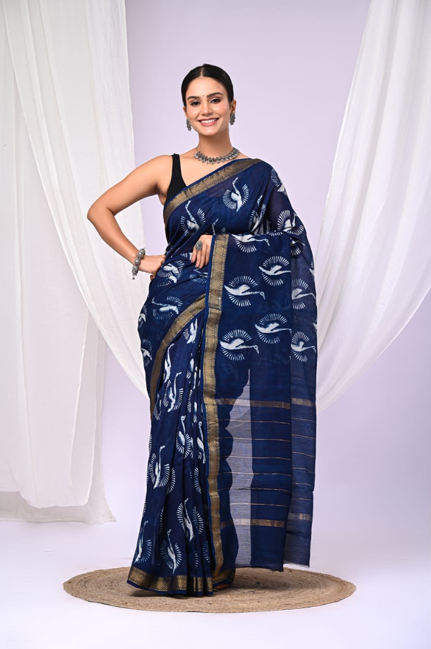 New Arrival – Hand Block Printed Maheshwari Silk Saree with Blouse