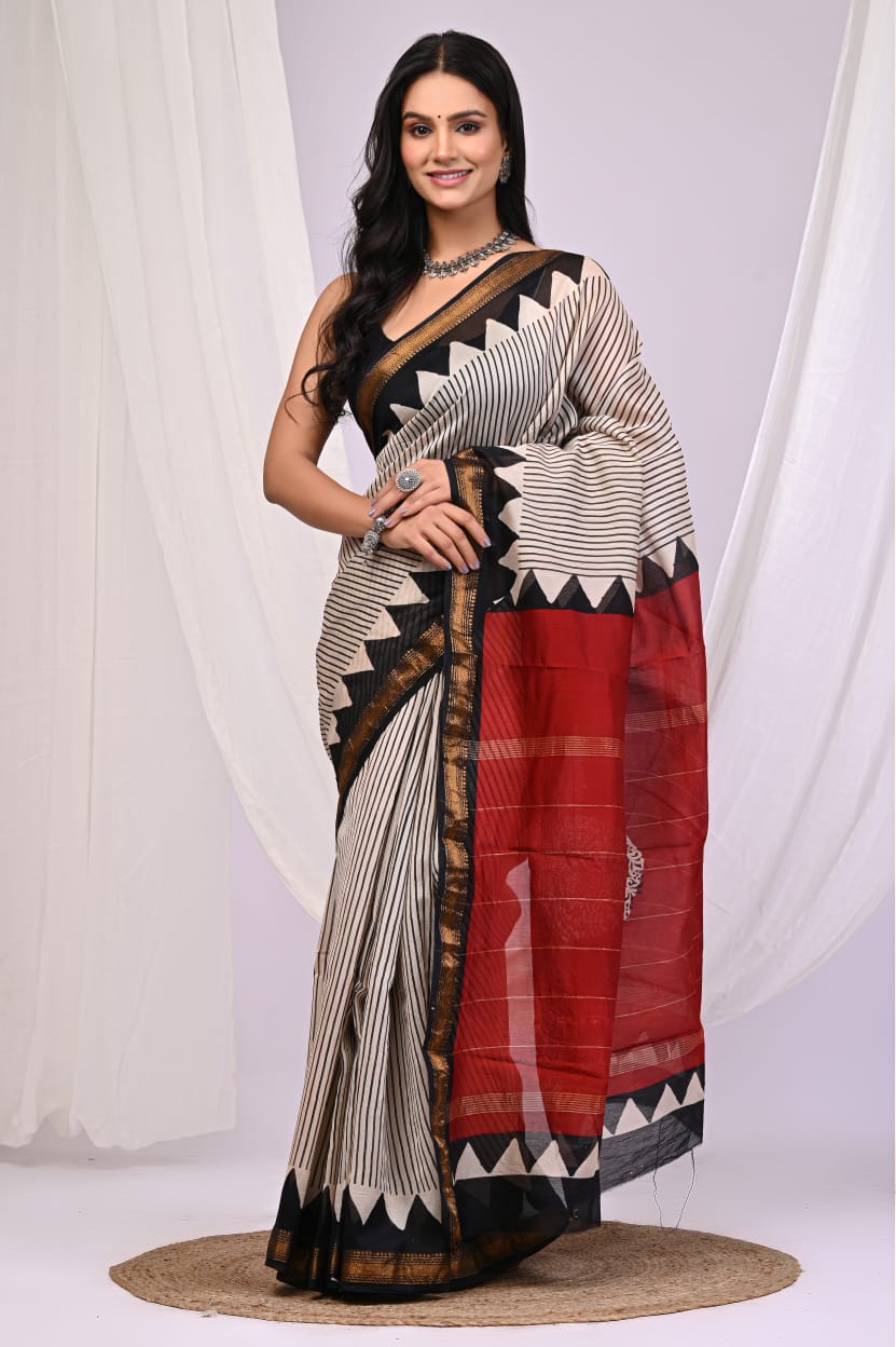 New Arrival – Hand Block Printed Maheshwari Silk Saree with Blouse