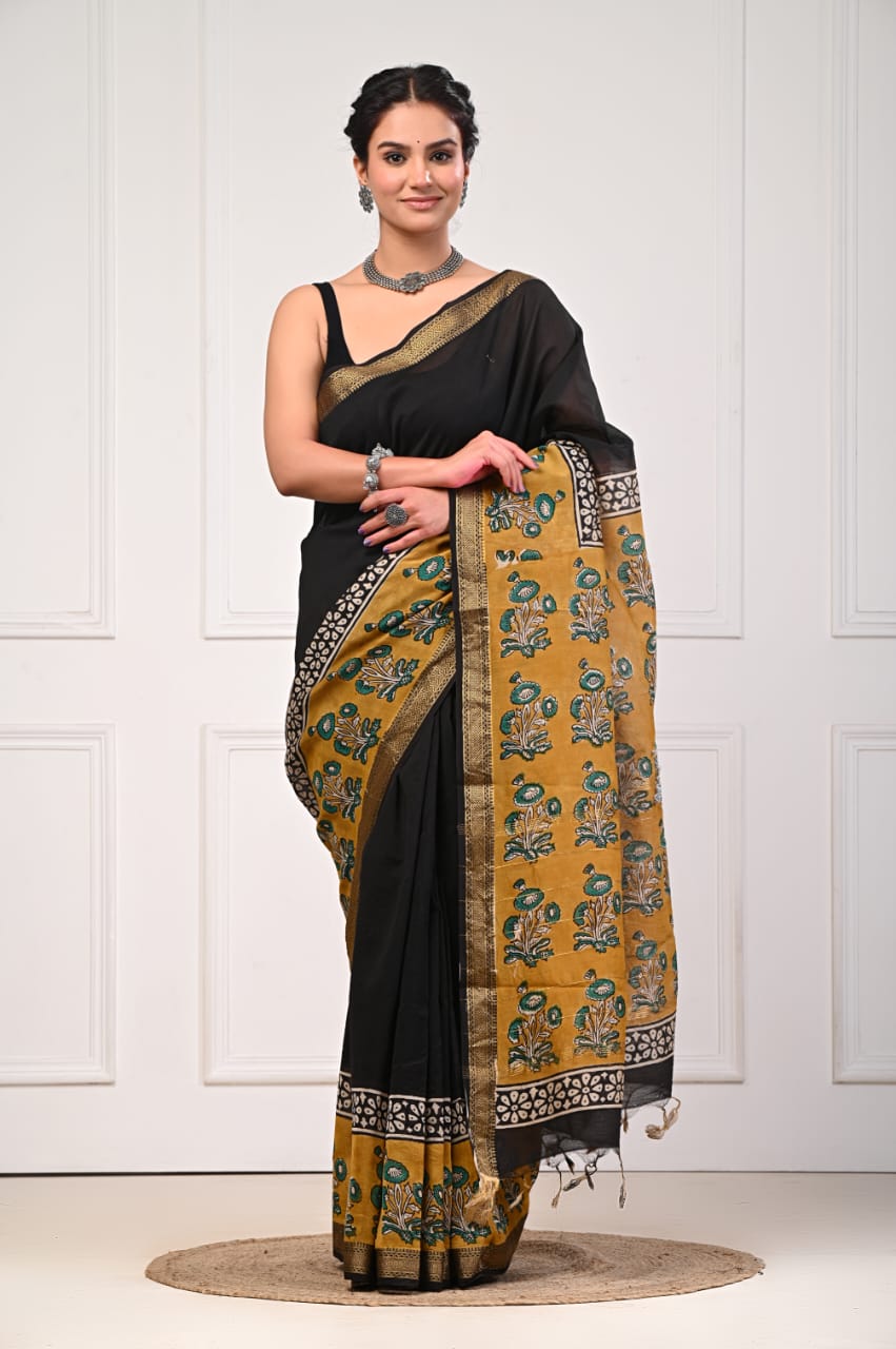 New Arrival – Hand Block Printed Maheshwari Silk Saree with Blouse