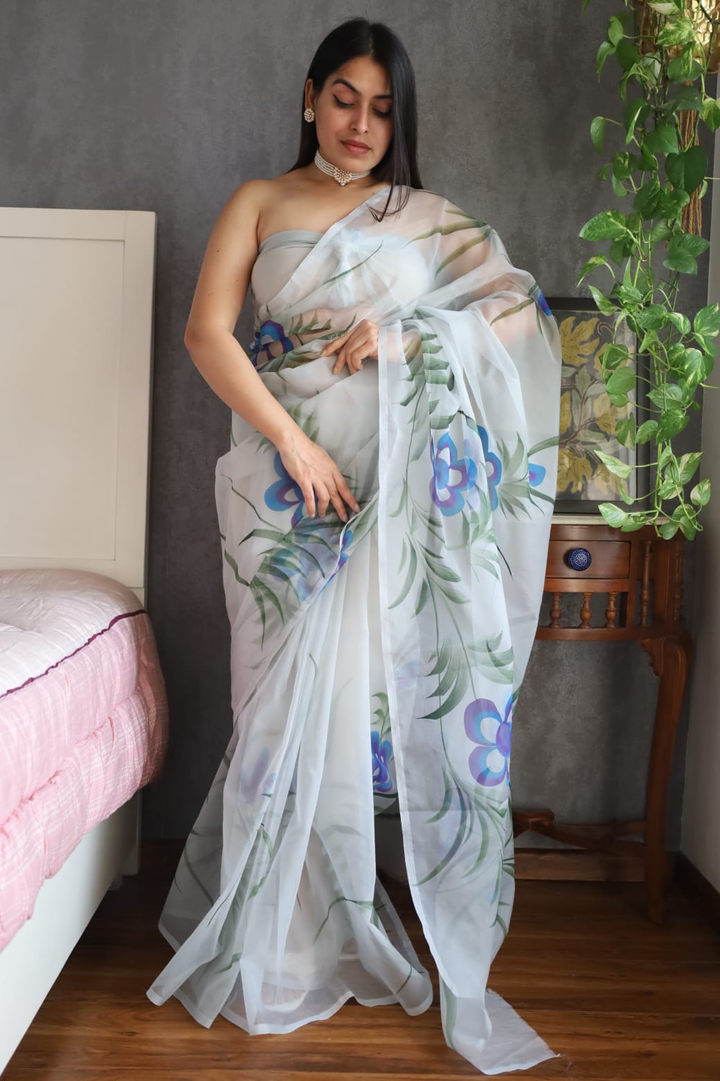 Exclusive Hand-Painted Organza Saree Collection with Golden Print