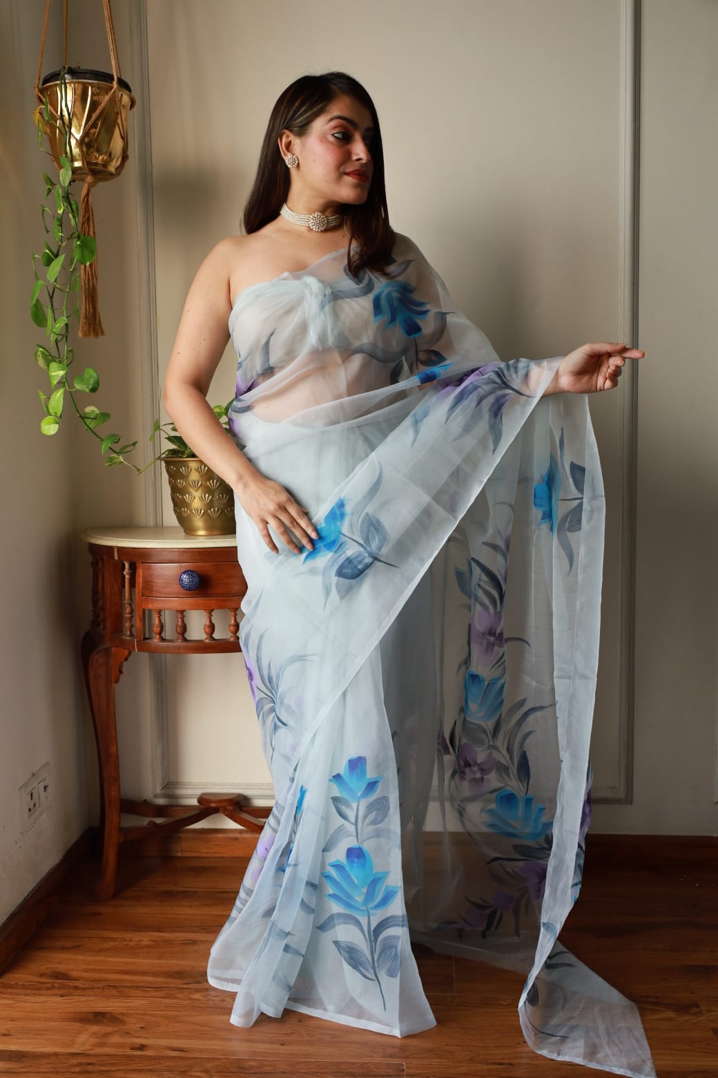 Exclusive Hand-Painted Organza Saree Collection with Golden Print