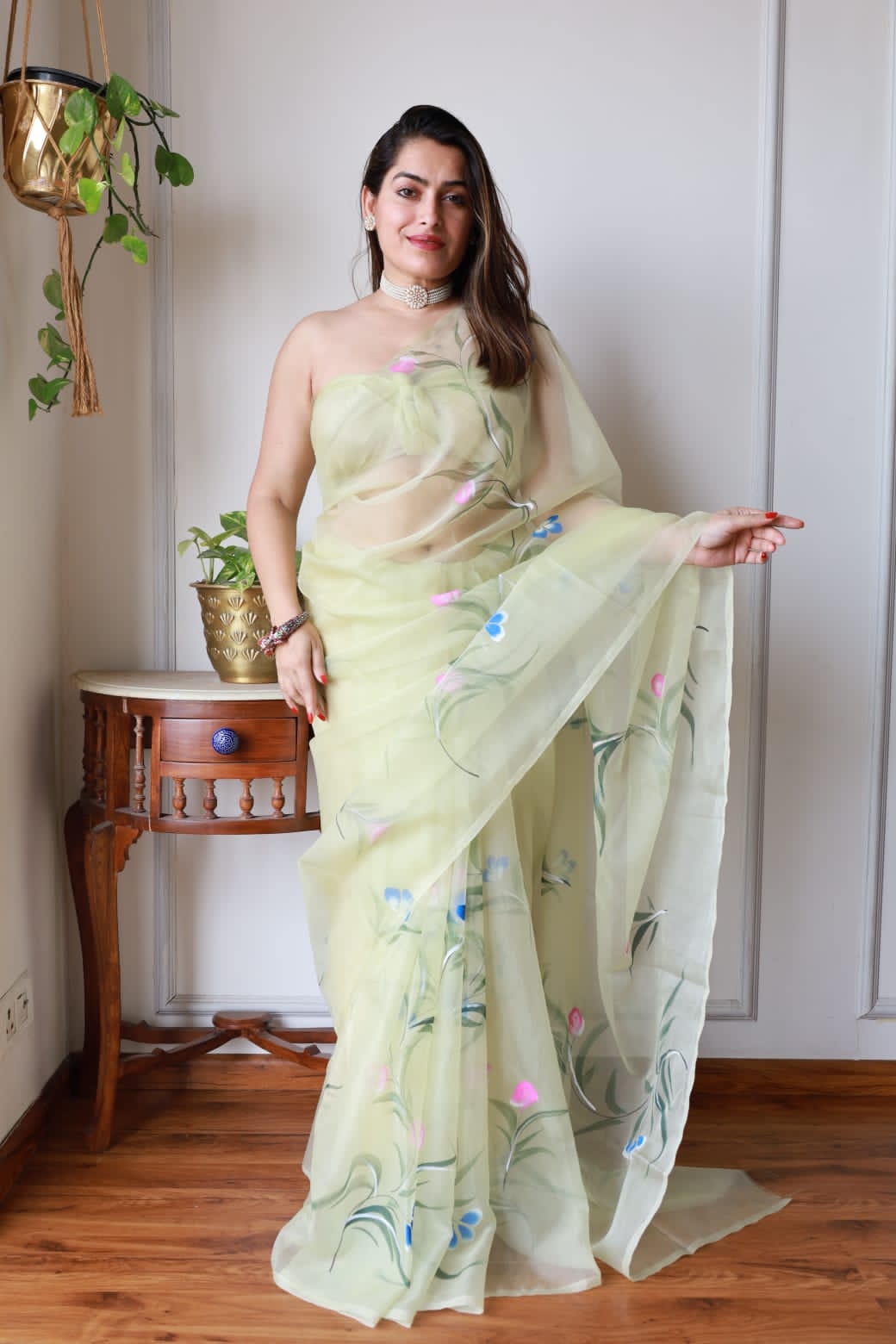 Exclusive Hand-Painted Organza Saree Collection with Golden Print