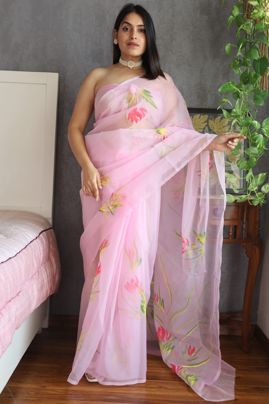 Exclusive Hand-Painted Organza Saree Collection with Golden Print