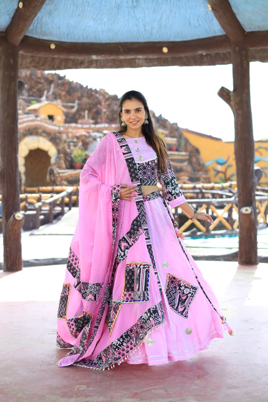 Exclusive Cotton Hand Block Printed Patch Work Designer Lehenga Choli in Peach Color