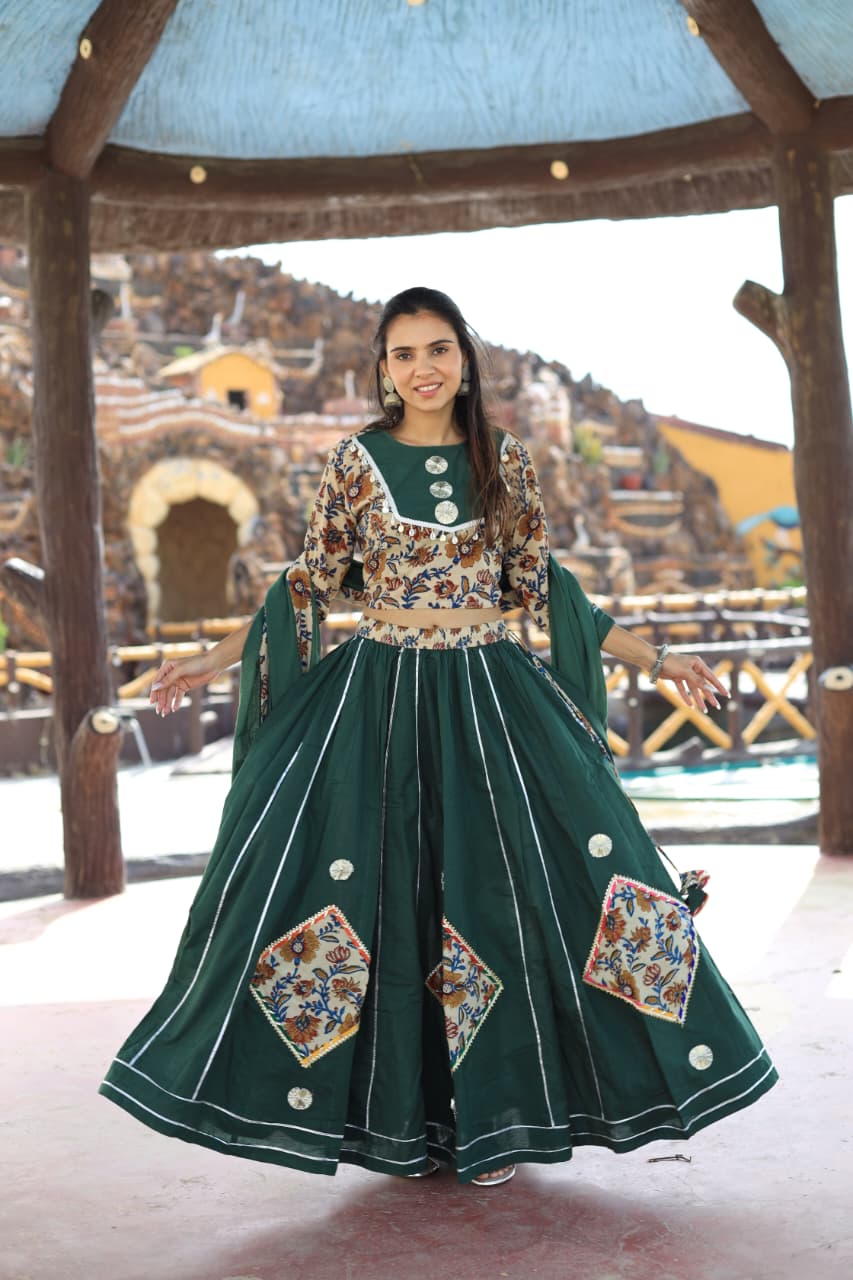 Exclusive Cotton Hand Block Printed Patch Work Designer Lehenga Choli in Dark Green Color