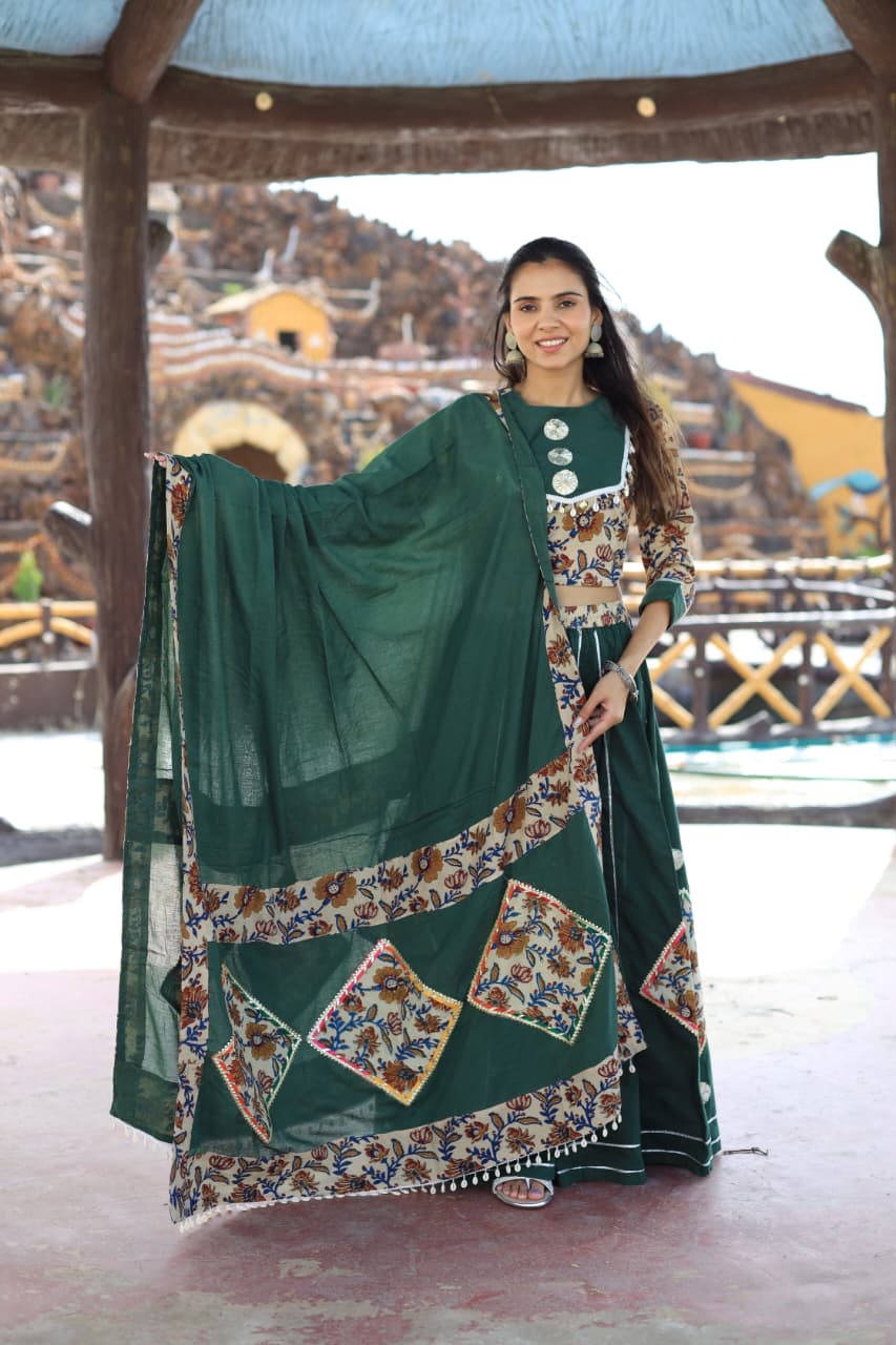 Exclusive Cotton Hand Block Printed Patch Work Designer Lehenga Choli in Dark Green Color