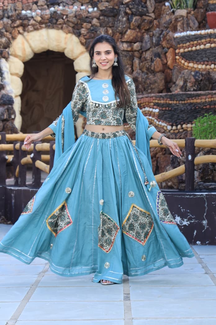 Exclusive Cotton Hand Block Printed Patch Work Designer Lehenga Choli in Sky Blue Color