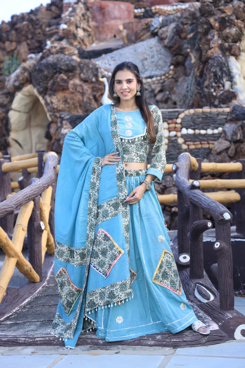 Exclusive Cotton Hand Block Printed Patch Work Designer Lehenga Choli in Sky Blue Color