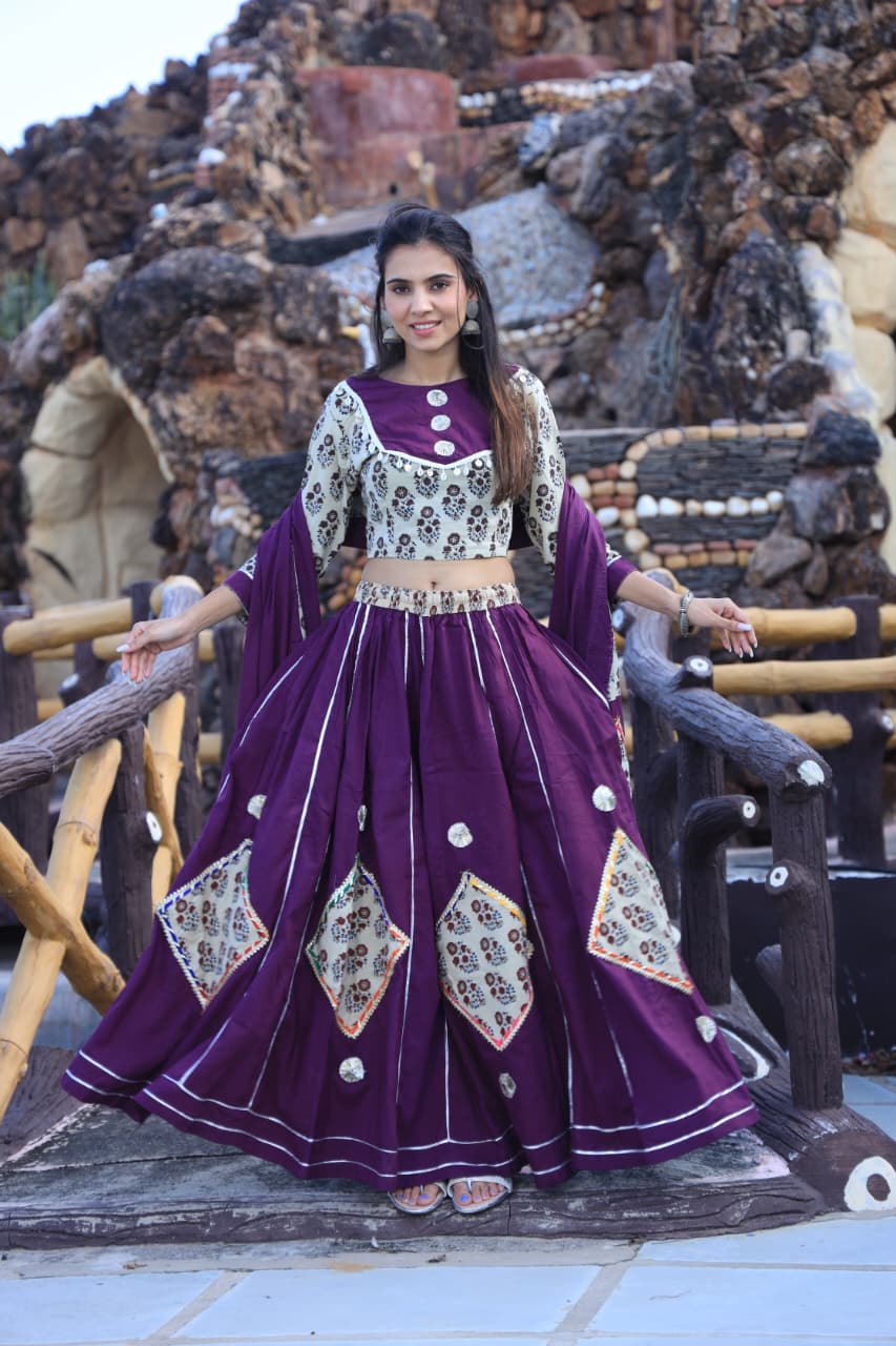 Exclusive Cotton Hand Block Printed Patch Work Designer Lehenga Choli in Purple Color
