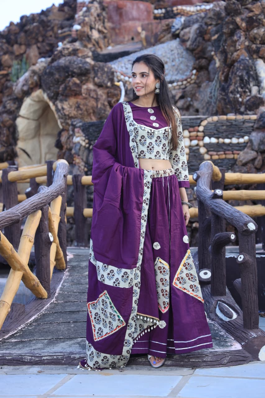 Exclusive Cotton Hand Block Printed Patch Work Designer Lehenga Choli in Purple Color
