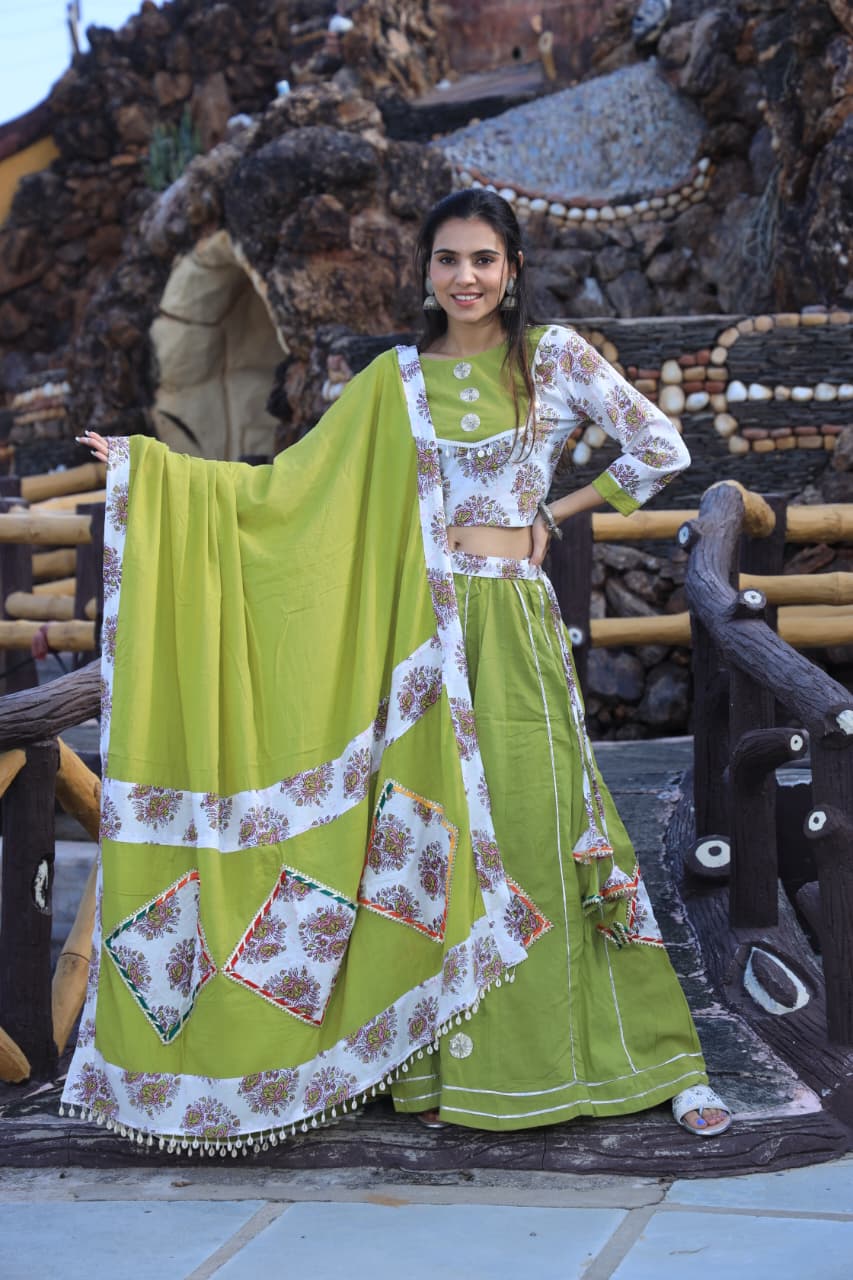 Exclusive Cotton Hand Block Printed Patch Work Designer Lehenga Choli in Light Green Color