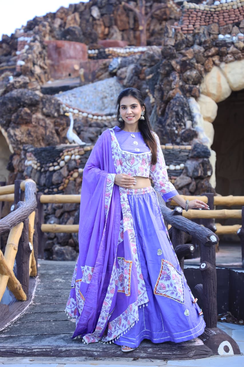 Exclusive Cotton Hand Block Printed Patch Work Designer Lehenga Choli in Blue Purple Color
