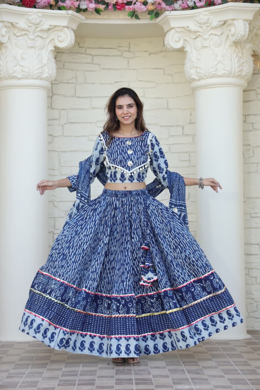 Indigo Blue & White Bagru Hand Block Printed Cotton Designer Blouse & Lehanga Set with Mulmul Dupatta