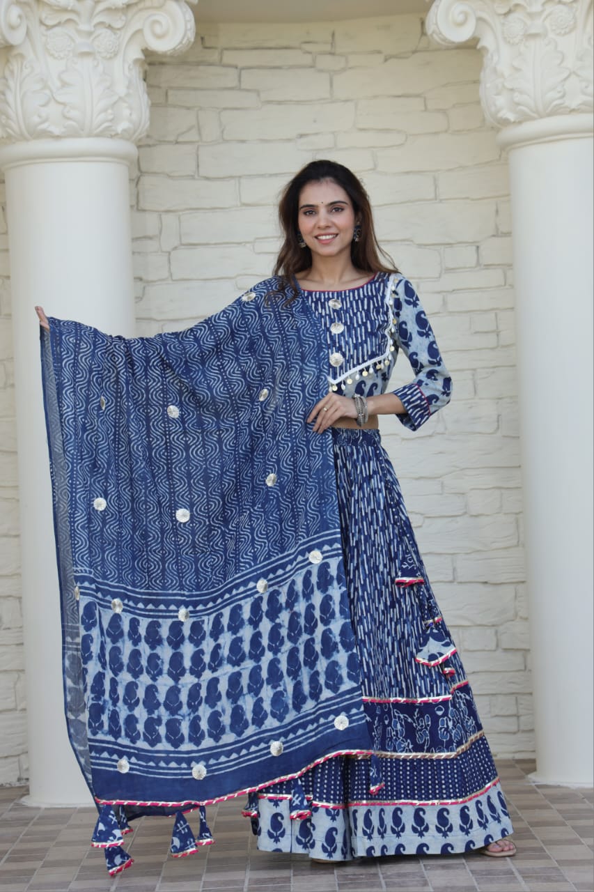 Indigo Blue & White Bagru Hand Block Printed Cotton Designer Blouse & Lehanga Set with Mulmul Dupatta