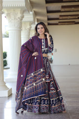 Navy Blue & Maroon Bagru Hand Block Printed Cotton Designer Blouse & Lehanga Set with Mulmul Dupatta