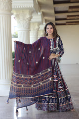 Navy Blue & Maroon Bagru Hand Block Printed Cotton Designer Blouse & Lehanga Set with Mulmul Dupatta